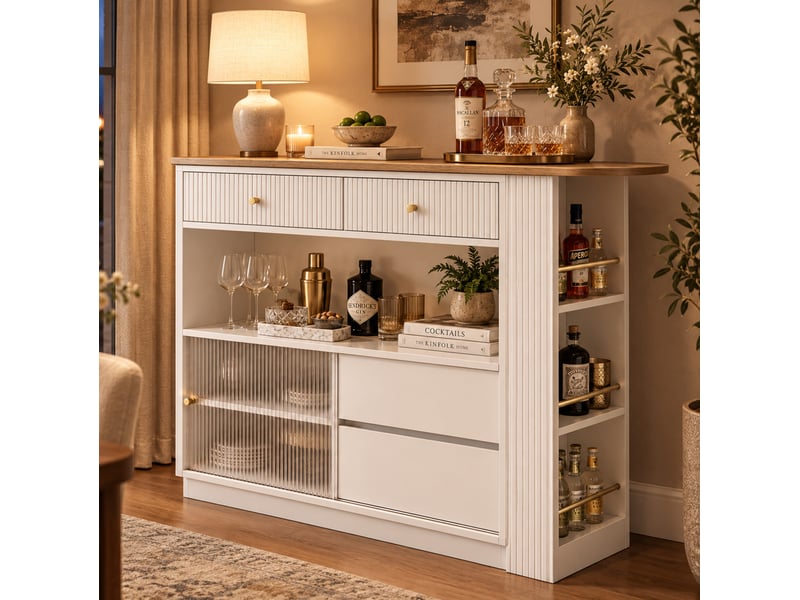  Îlot de cuisine 120 x 30 x 100 cm avec plateau pivotant à 360°, rangements et éclairage led, blanc  - Conforama E