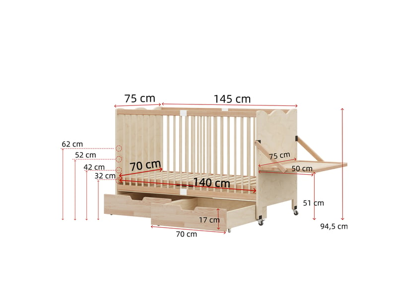 Lit bébé 70 x 140 x 94,5 cm, mobile, table à langer, étagère, tiroirs et sommier réglable sur 4 hauteurs, moderne, pin massif, naturel evarich - Conforama C