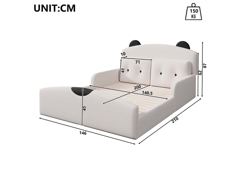 Lit 2 places modenvie 140 x 200 cm en lin blanc, tête de lit en forme d'ours, avec 2 coussins décoratifs  - Conforama C