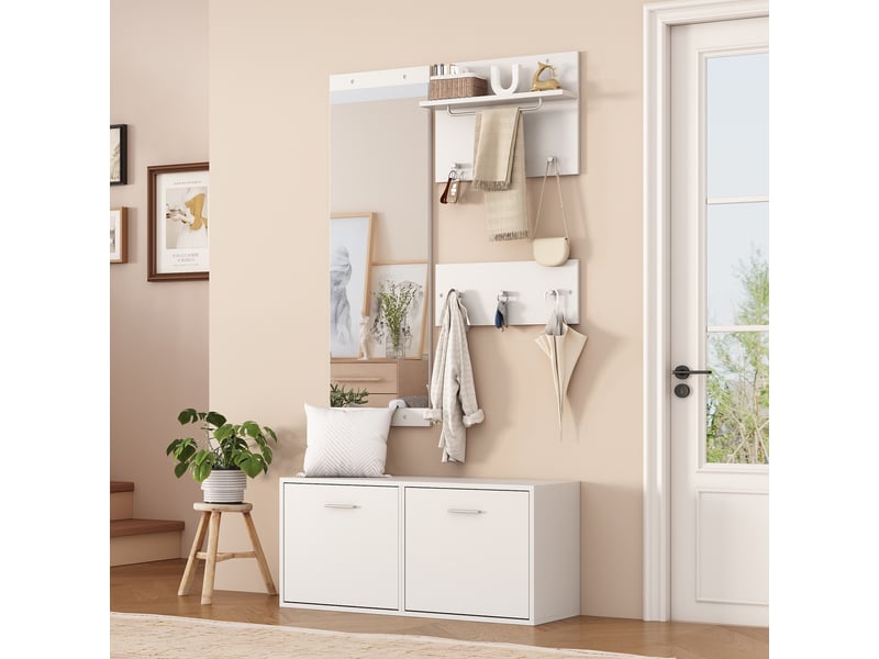  Vestiaire d'entrée complet, ensemble meuble d'entrée 4 pièces avec miroir et meuble à chaussures, style scandinave moderne 90x30x41.5cm, blanc  - Conforama B