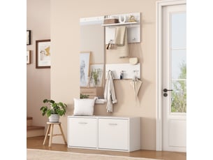 Vestiaire d'entrée complet, ensemble meuble d'entrée 4 pièces avec miroir et meuble à chaussures, style scandinave moderne 90x30x41.5cm, blanc