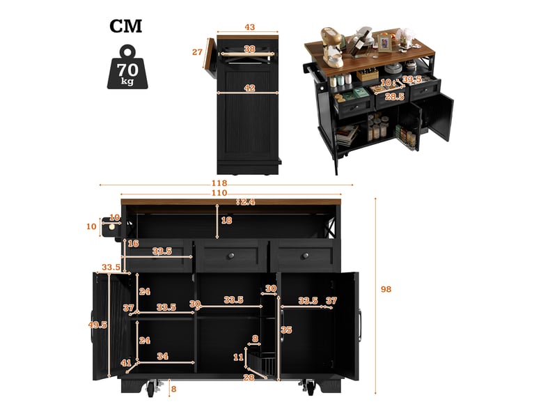 Desserte de cuisine avec 3 tiroirs et plateau rabattable sur roulettes, porte-serviettes, noire, 118 × 43-80 × 98 cm - Conforama E
