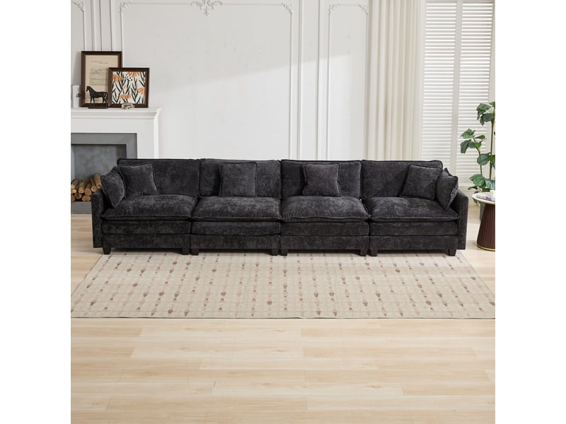  Canapé 4 places en chenille noire, canapé modulable avec coussins d'appui pour salon et appartement ,pouf non inclus  - Conforama E