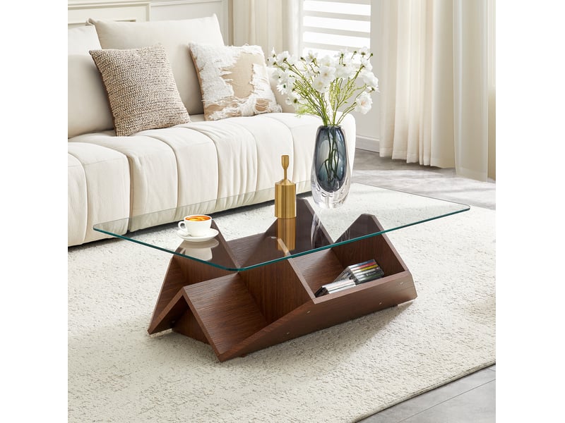  Table basse en mdf finition noyer et verre trempé transparent - 103 x 63 x 33,5 cm  - Conforama D