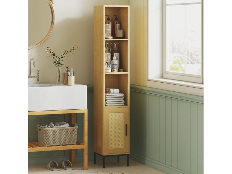 Meuble de salle de bain haut 30 x 30 cm en bois clair, 3 niches et porte effet résine tressée, style boho - Conforama B