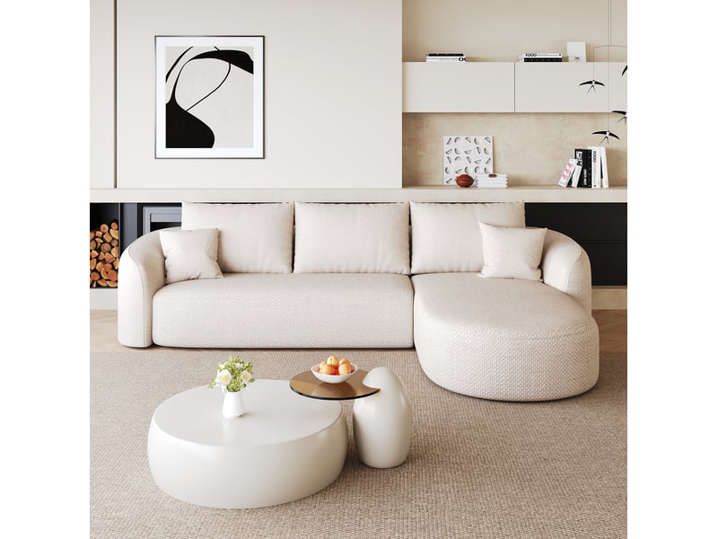  Canapé d'angle 4 places modulaire sans montage, assise en mousse, en tissu chenille blanc  - Conforama B