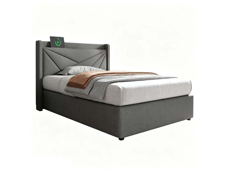  Lit simple capitonné 90x200 avec rangement de tête, ports usb type-c, coffre, gris, sans matelas  - Conforama A