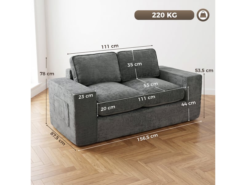 Canapé 2 places en chenille, canapé de salon 156 cm, assise et accoudoirs larges rembourrées, gris, 2 oreillers - Conforama C