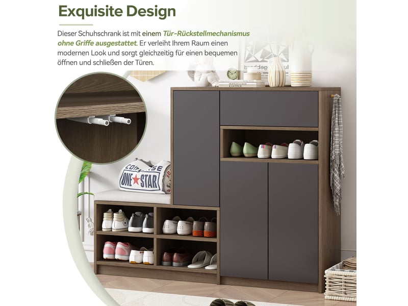 Meuble à chaussures avec banc rembourré, étagères réglables et portes sans poignées pour entrée gris 140 × 35 × 110 cm - Conforama E