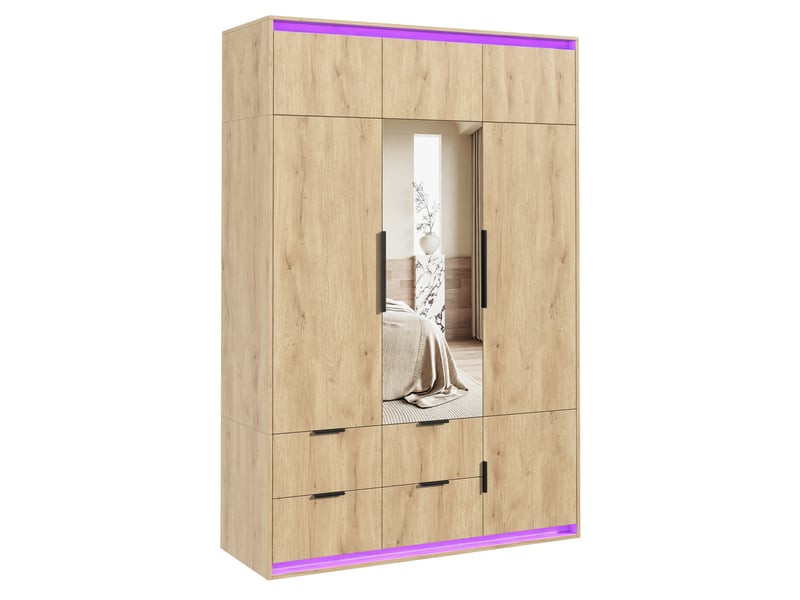  Armoire 135x47x200 cm avec miroir et led, 1 tringle, 4 tiroirs, mdf, couleur bois  - Conforama A