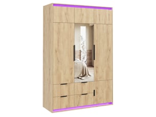Armoire 135x47x200 cm avec miroir et led, 1 tringle, 4 tiroirs, mdf, couleur bois