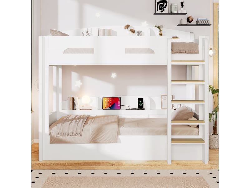  Lit superposé enfant 90x200 cm en bois et mdf blanc, 2 couchages avec port usb intégré et étagères de rangement sur les deux niveaux Fay Lum - Conforama E