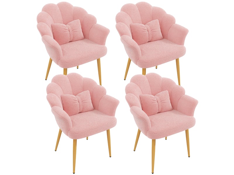  Lot de 4 fauteuils de salle à manger 64x65,5x85 cm, dossier pétale, coussins, tissu teddy, pieds en fer doré, rose  - Conforama A