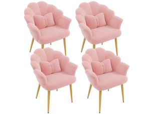 Lot de 4 fauteuils de salle à manger 64x65,5x85 cm, dossier pétale, coussins, tissu teddy, pieds en fer doré, rose