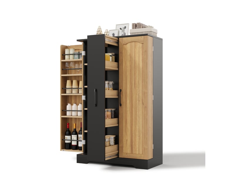  Buffet de cuisine 78 x 35 x 120 cm avec rangement vertical à 4 niveaux, 2 portes, étagères réglables, noir et naturel  - Conforama A