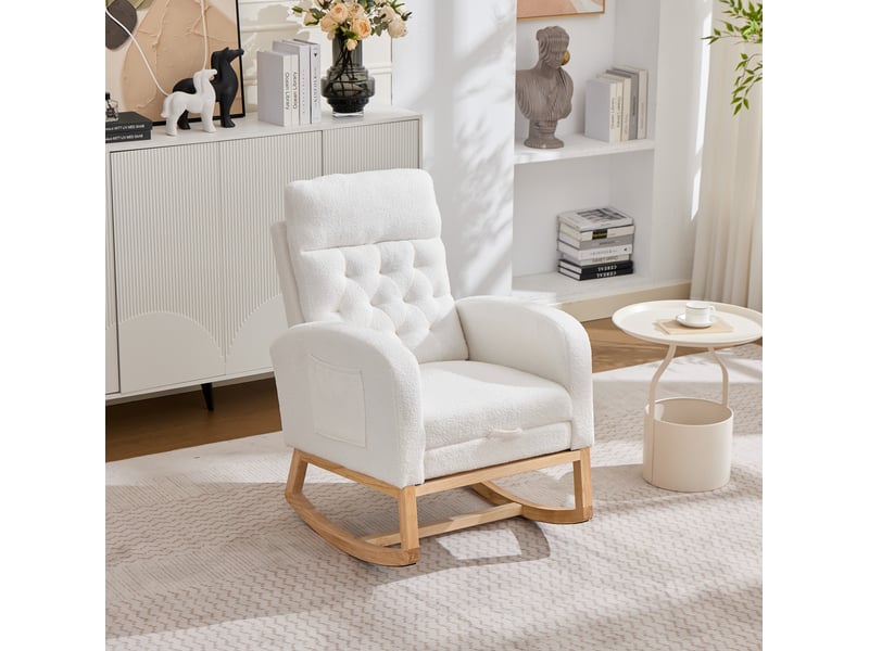  Fauteuil à bascule 65,6 x 123 x 102 cm blanc en tissu bouclé, repose-pieds réglable et poches latérales  - Conforama B
