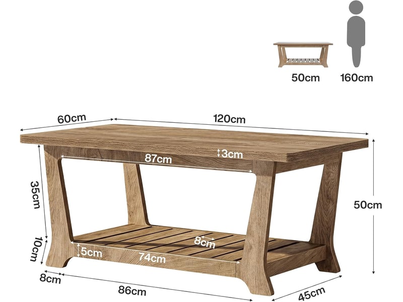  Tables basses rectangulaires avec espace de rangement pour le salon, table basse de 120 cm en bois brun style champêtre, à deux niveaux avec étagères  - Conforama C