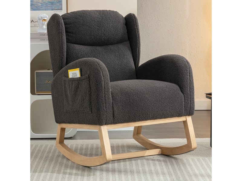 Fauteuil à bascule moderne avec revêtement en tissu effet peluche, dossier à oreilles, assise rembourrée, gris foncé - Conforama C
