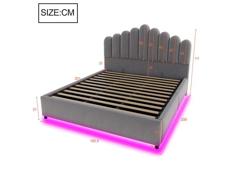 Lit coffre 180 x 200 cm gris en velours avec led et tête de lit rembourrée - Conforama E