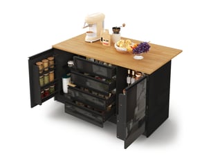 Îlot de cuisine 140x80x90 cm avec plan de travail escamotable, 4 tiroirs, 2 placards, mdf, noir et naturel