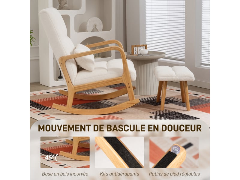  Fauteuil à bascule avec repose-pieds en tissu bouclé blanc 64,5 x 82 x 89 cm  - Conforama D