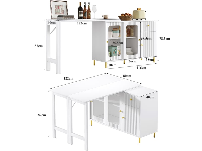  Buffet rangement 116x40x78.5 cm avec extension 122x80 cm, portes coulissantes et tiroirs, meuble cuisine moderne  - Conforama C
