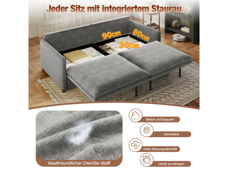 Canapé convertible 3 places 206 cm, 3-en-1 avec couchage double et rangement, dossier réglable, chenille, gris clair OMNIGLINT TRADING LTD - Conforama E