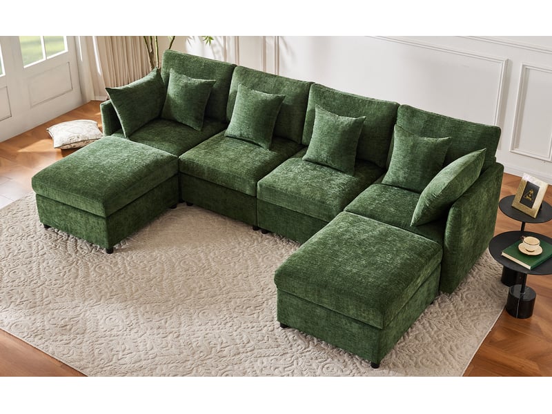  Canapé modulable 4 à 6 places, convertible en u ou en l, avec 2 poufs et 6 coussins, chenille vert  - Conforama W