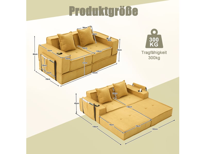  Canapé droit convertible 2 places en tissu jaune moutarde avec coussins, rangements latéraux et porte-gobelets  - Conforama C