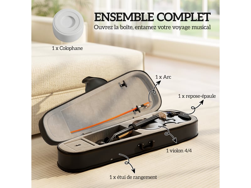  Violon 44 ensemble de violon en bois massif pour adultes et débutants avec étui léger et portable 60 x 21 cm noir  - Conforama D