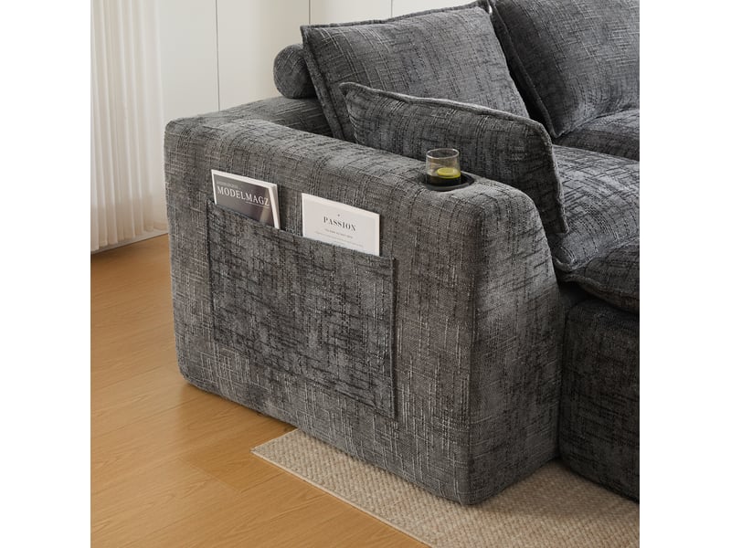  Canapé droit modulaire 4 places en tissu gris foncé avec 2 repose-pieds, porte-gobelets et poches latérales  - Conforama D