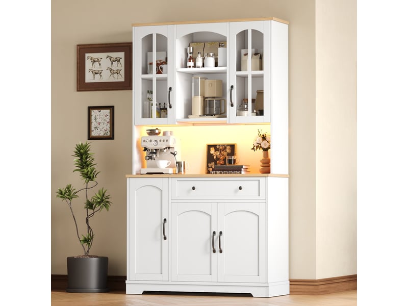 Buffet de cuisine haut avec 2 portes vitrées, 1 tiroir, étagères réglables et led pour cuisine et séjour, en mdf blanc  - Conforama C