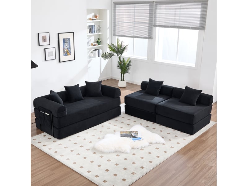  Canapé d'angle 4 places moderne 270x180x64 cm, stockage, poches, modulable à volonté, en velours côtelé, noir  - Conforama B