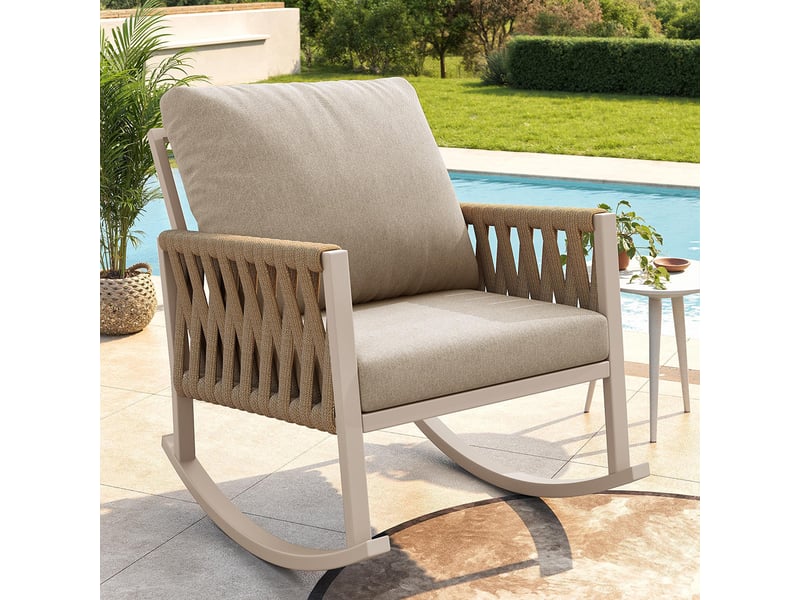 Fauteuil à bascule extérieur 1 ensemble tissage croisé structure métal anti-intempéries coussins confortables max 120 kg jardin terrasse beige - Conforama D
