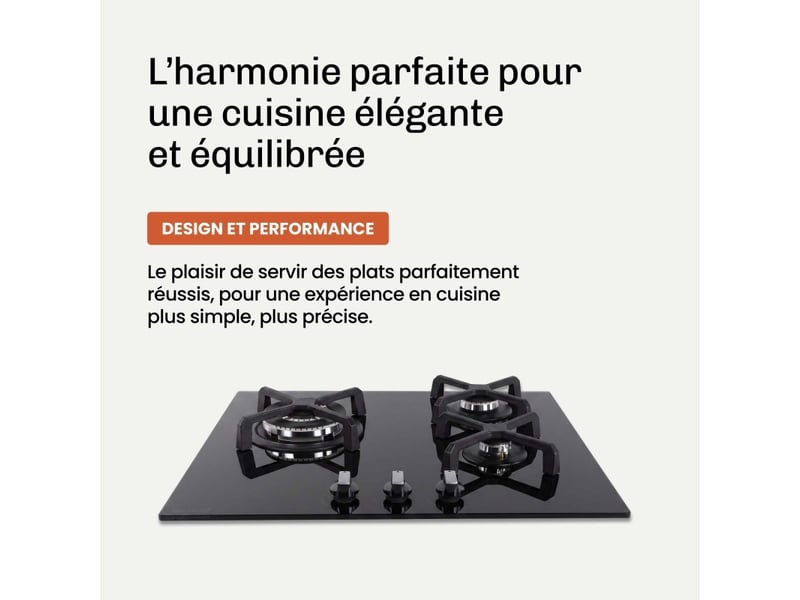  Beldeko plaque de cuisson gaz 3 foyers 60 cm verre noir - grilles fonte - marque française  - Conforama C