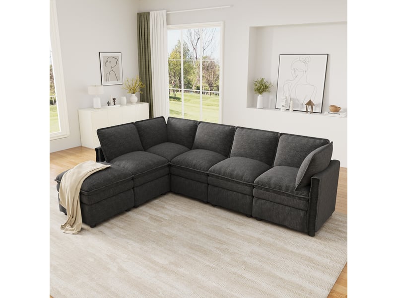  Canapé d’angle modulable convertible  6 places 344 x 127 x 91 cm, forme u ou l, pouf mobile, double coussinage, design avec passepoil, chenille - gris  - Conforama C