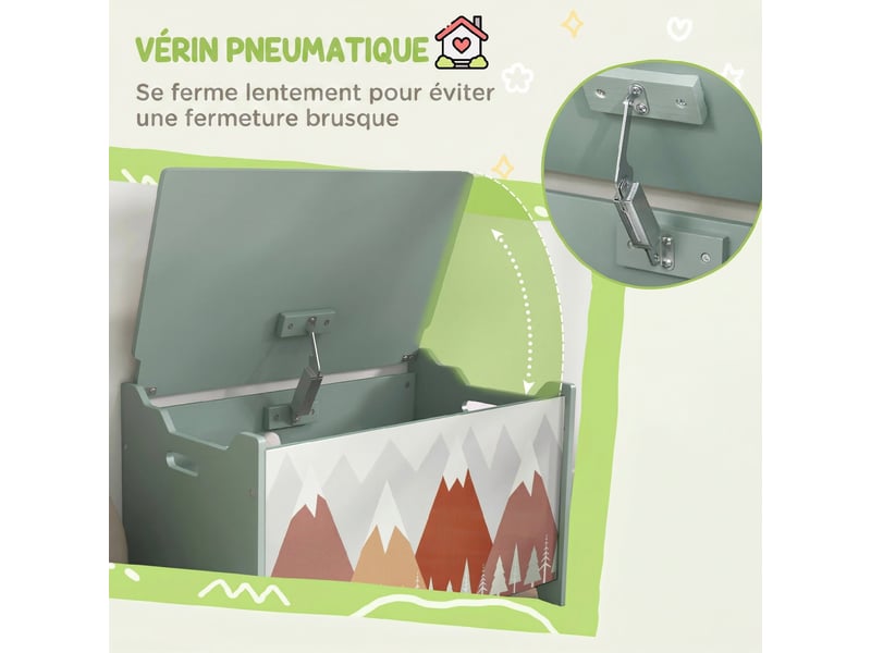  Coffre à jouet enfant coffre de rangement enfant couvercle rabattable motif de forêt coins arrondis vert 60 x 37 x 39 cm  - Conforama E