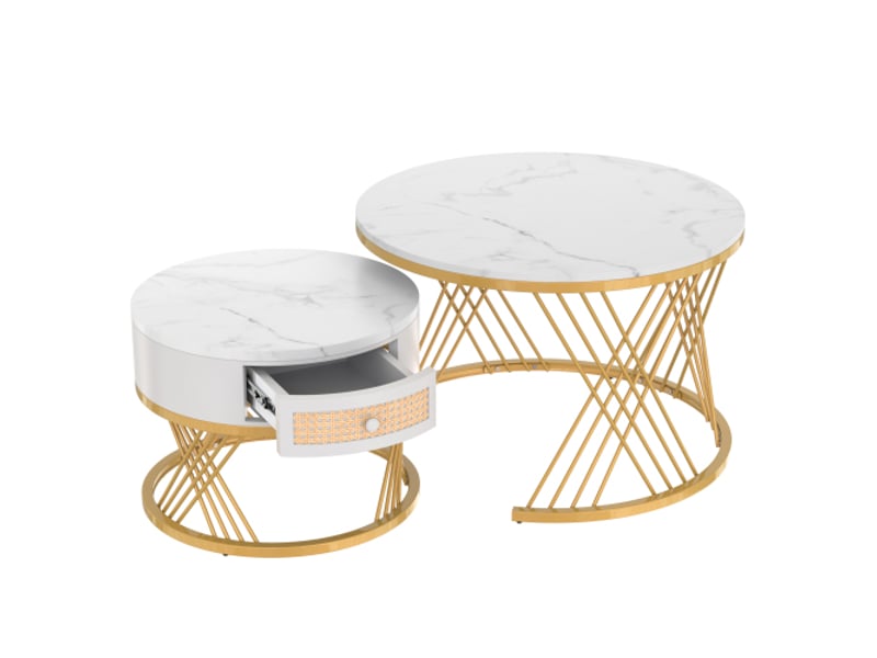  Lot de 2 tables basses gigognes blanches avec 1 tiroir en rotin et pieds en métal doré  - Conforama A