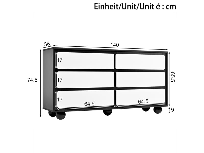  Commode avec 6 tiroirs de rangement en panneaux de particules 140×38×74,5 cm blanc et noir  - Conforama E