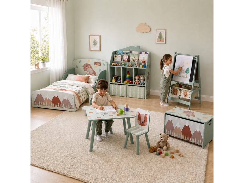  Lit pour enfant 3-6 ans avec barrières de sécurité et motifs dim. 77 x 143 x 60 cm sommier à lattes inclus - vert  - Conforama W