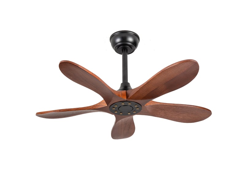 Ventilateur de plafond 90x90x31,5 cm noyer et noir en bois, 5 pales, moteur réversible à 6 vitesses - Conforama D