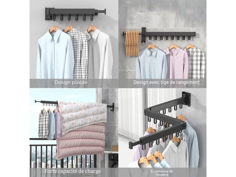 Porte-vêtements étendoir à linge mural rétractable avec crochets, rotatif à 360 °, tri-pliable pour balcon, buanderie, salle de bain (noir - Conforama E
