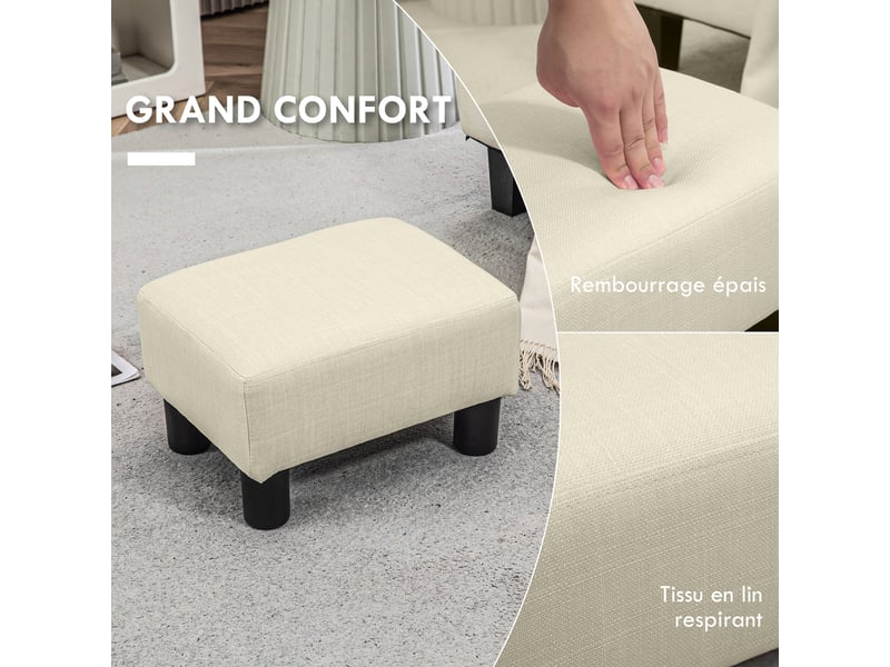  Pouf repose-pied tabouret bas en tissu de lin capacité de charge 110 kg beige 40 x 30 x 24 cm  - Conforama A