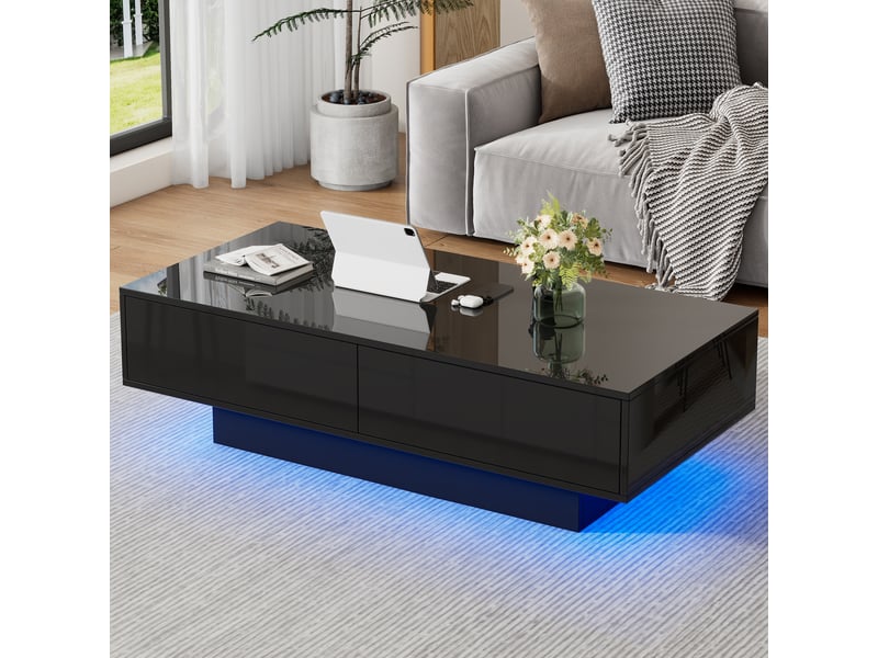  Table basse noire brillante avec éclairage led et 2 tiroirs, 115x55x34 cm, en panneaux de particules, noire  - Conforama W