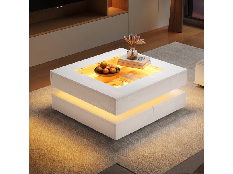  Table basse carrée blanche 70x70 cm, table de salon avec led contrôlable par application, plateau en verre trempé, 3 tiroirs  - Conforama C
