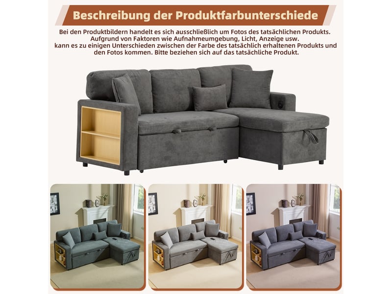 Canapé d’angle convertible réversible 214 x 131 cm – gris foncé – usb, rangement et 3 coussins intégrés  - Conforama E