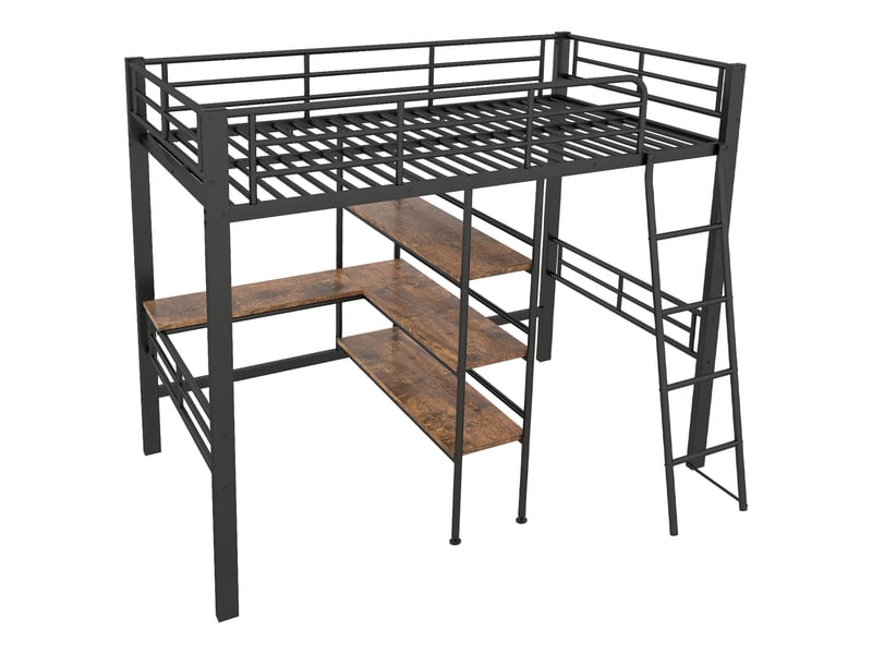  Lit mezzanine noir 90x200 cm avec bureau intégré, étagères, échelle et cadre métallique - sans matelas  - Conforama A
