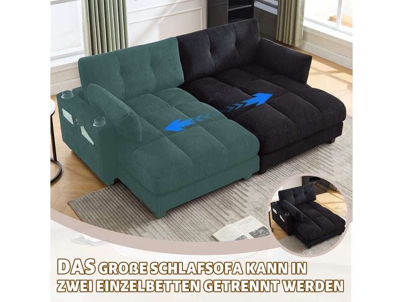  Canapé modulable 2 places avec usb, 4 porte-gobelets et poches - lpospi - velours côtelé noir  - Conforama E