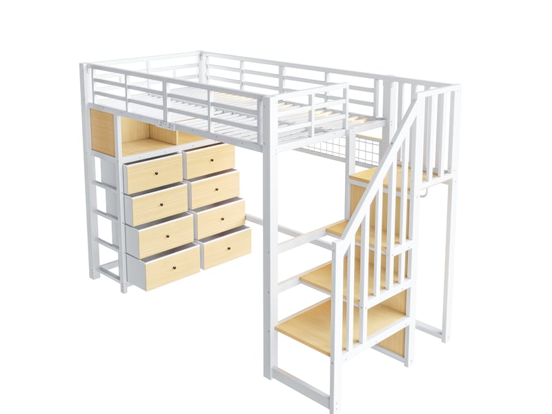  Lit mezzanine enfant 90x200 en métal blanc avec escalier de rangement, led et 8 tiroirs  - Conforama R