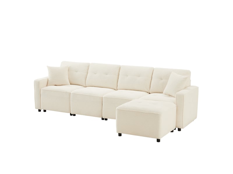  Canapé droit 4 places beige en velours côtelé, 280 × 146 × 85 cm, avec rangement et pouf mobile, pour salon  - Conforama A